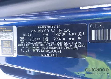 2024 Kia Forte Lxs z USA, uszkodzony, nr VIN 3KPF24AD4RE700394